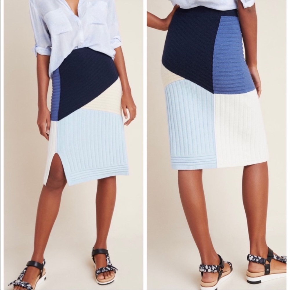 Anthropologie Maeve Colorblocked Sweater Pencil Skirt, Size Large EUC Blue Cream